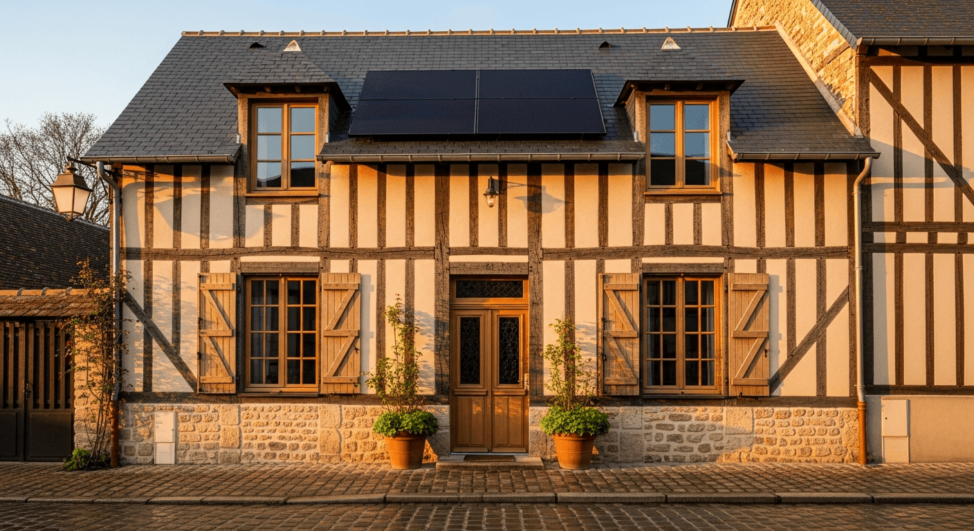 Maison normande rénovée thermiquement : isolation, pompe à chaleur, panneaux solaires intégrés, classée DPE C après travaux
