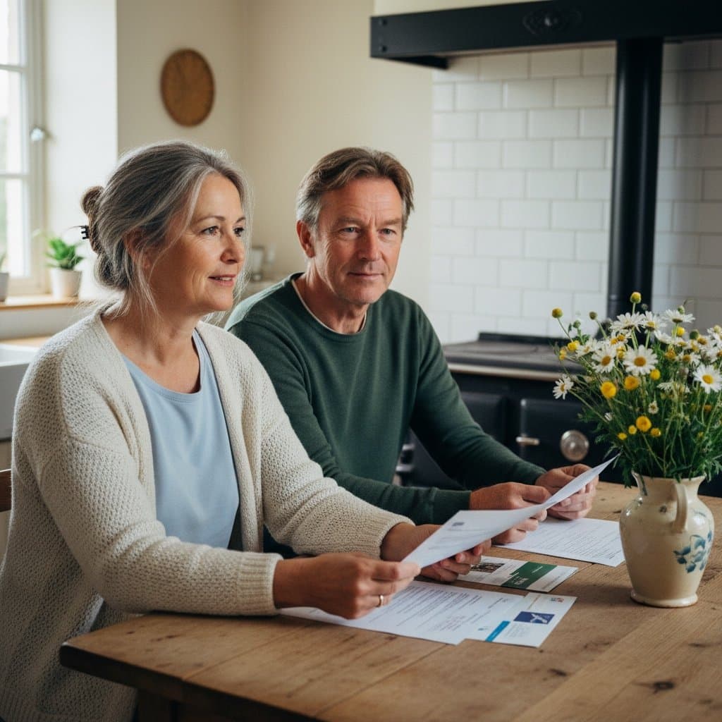 Couple senior consultant des documents officiels MaPrimeRénov' à une table de cuisine
