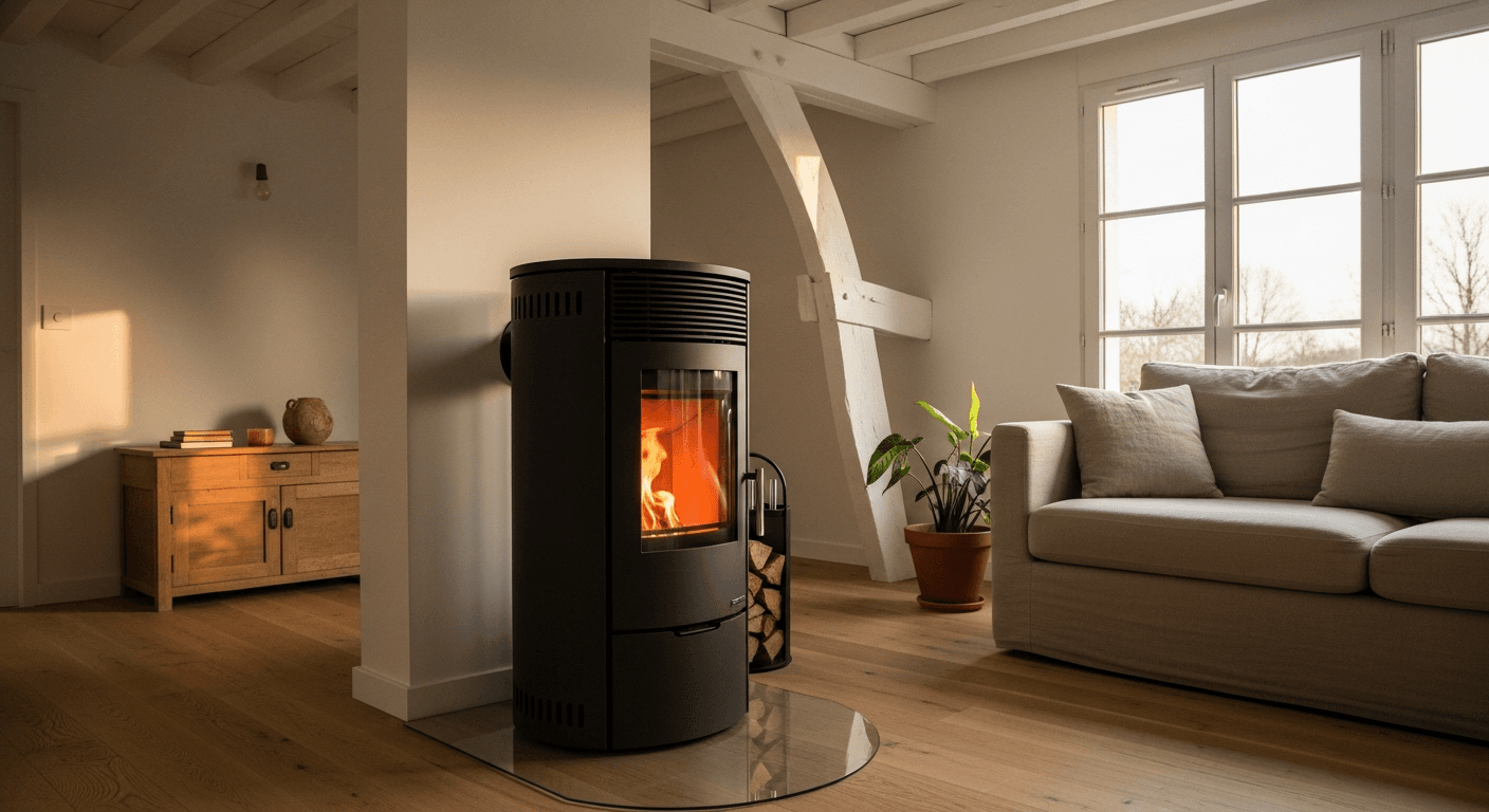 Poêle à granulés moderne dans un salon normand chaleureux