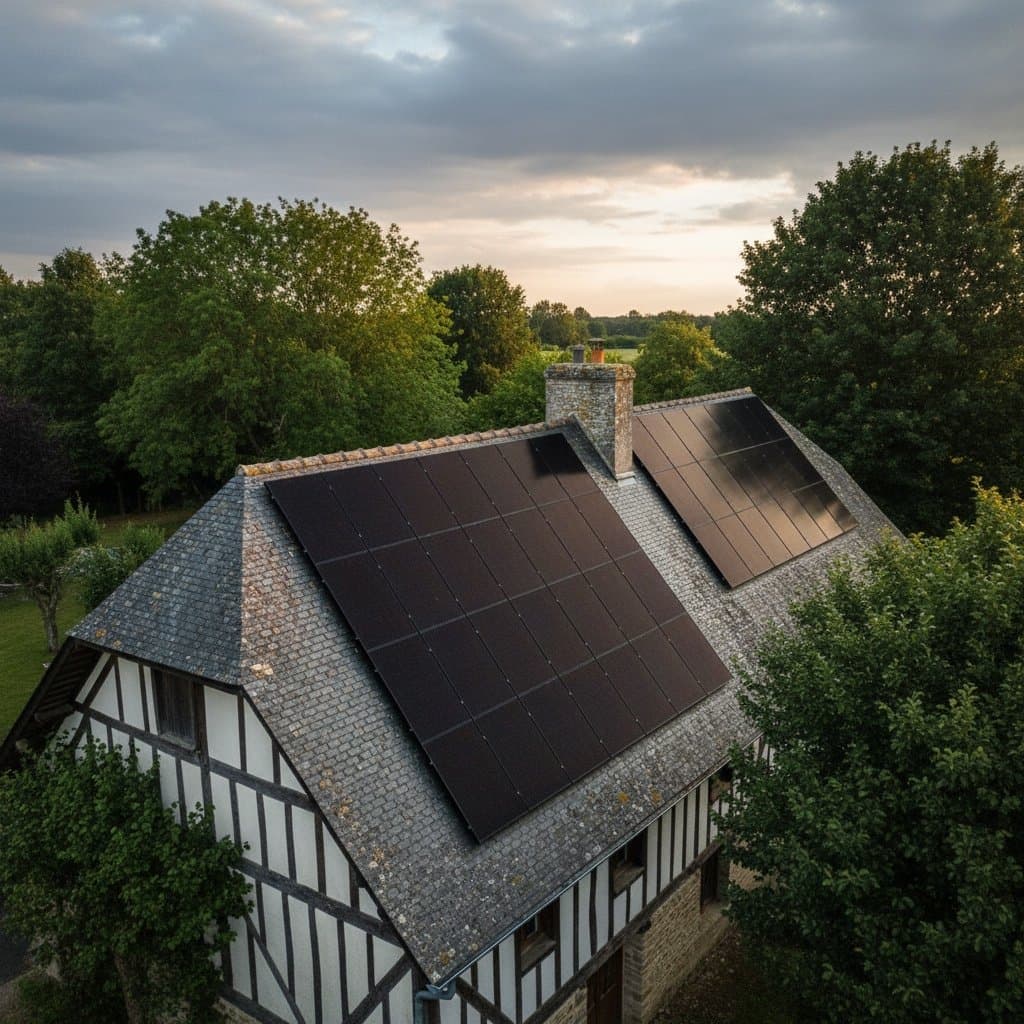 Toit ardoise normande équipé de panneaux solaires photovoltaïques noirs