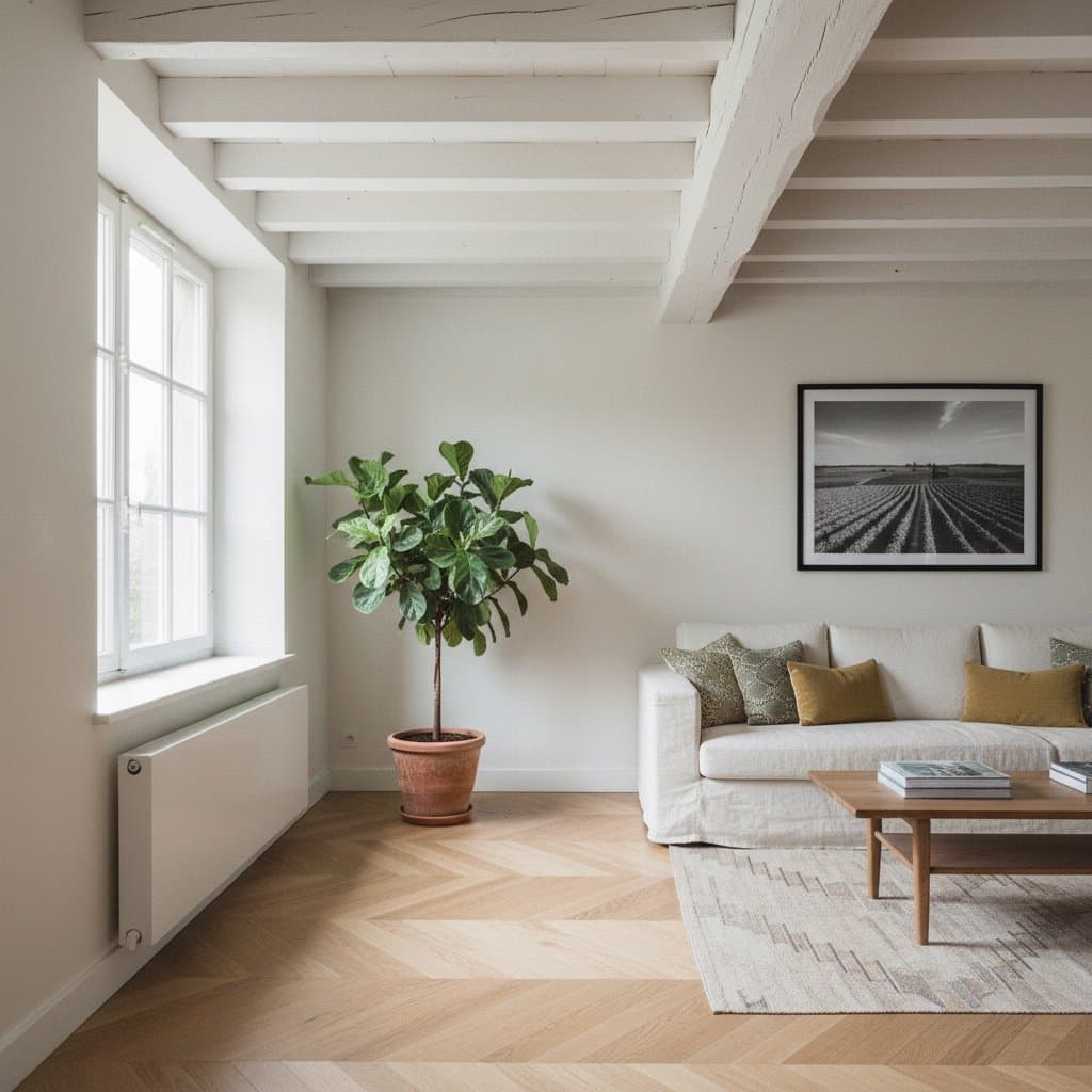 Salon normand rénové, lumière naturelle, parquet et poutres apparentes